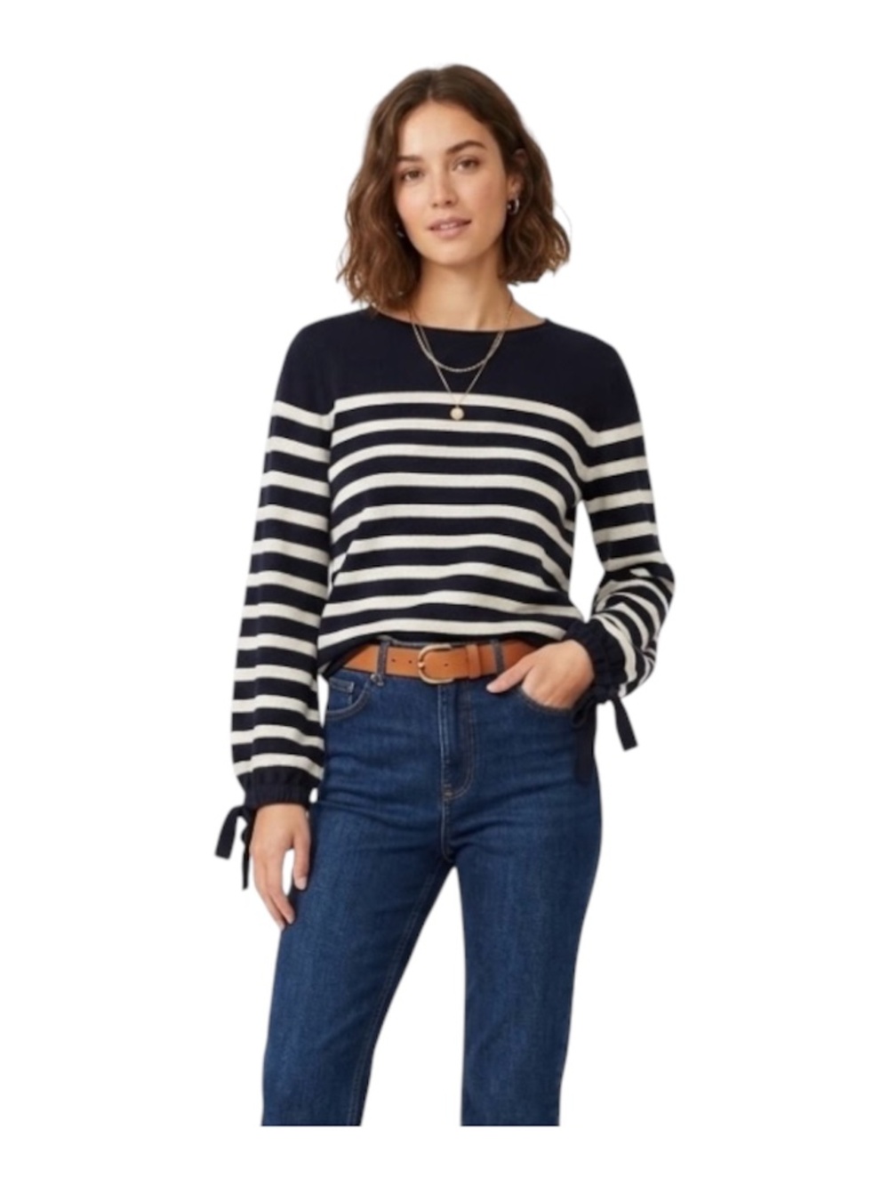 Nautical Striped Scoop Neck Knit Sweater S Black & White Tie Cuffs French Girl